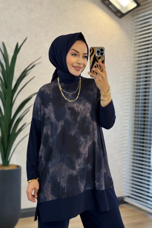 4004 Üst Batik Desenli Bluz Takım Lacivert