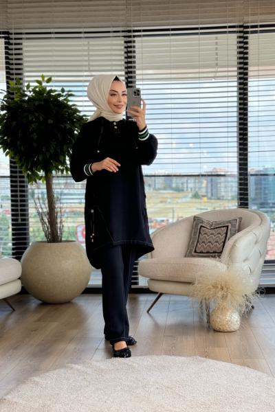 4009 Keten Patı 2 Düğme Kapşonlu Takım Siyah