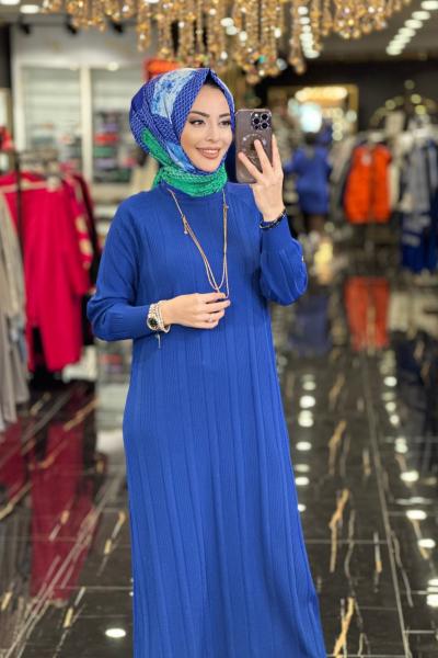 401 Boyuna Fitilli Triko Elbise Saks