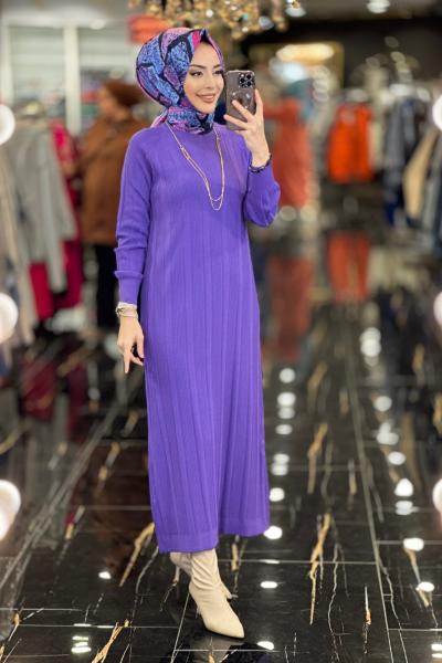 401 Boyuna Fitilli Triko Elbise Mor