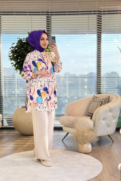 4016-4 Ege Tunik Ekru Saks