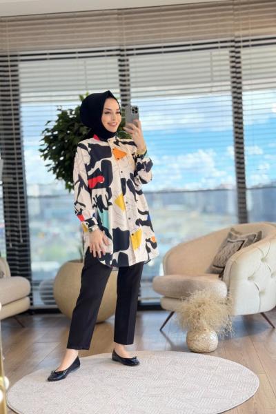 4016-5 Ege Cesika Tunik Ekru Siyah