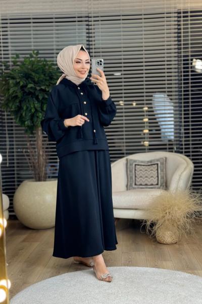 4017 Pat Düğmeli Kapşonlu Etekli Takım Siyah