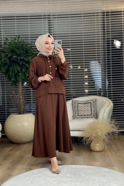 4017 Pat Düğmeli Kapşonlu Etekli Takım Kahve