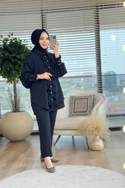 4021 Patı Fırfırlı Pantolon Takım Siyah