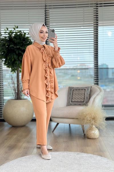 4021 Patı Fırfırlı Pantolon Takım Şeftali