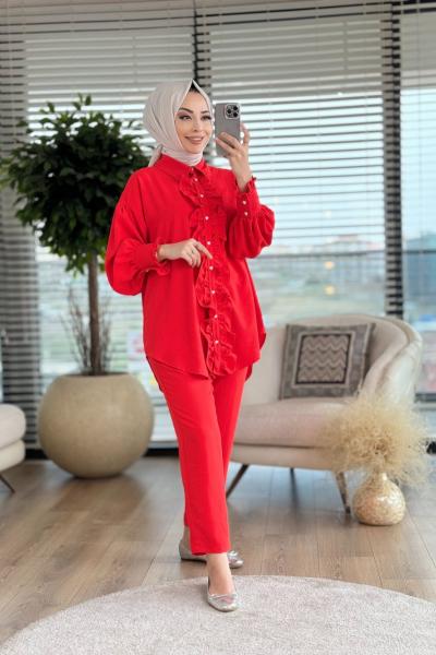 4021 Patı Fırfırlı Pantolon Takım Mercan