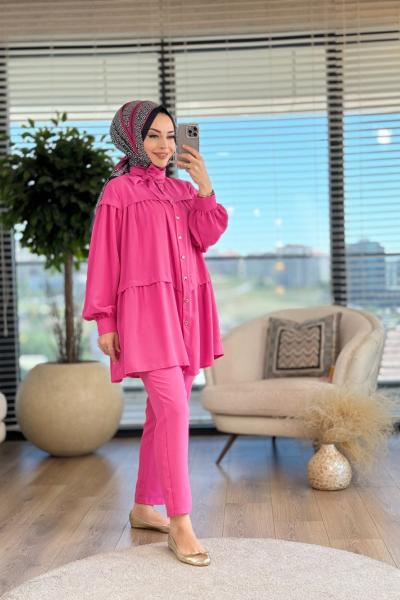 4022 Ön İki Katlı Metal Düğmeli Takım Fuşya