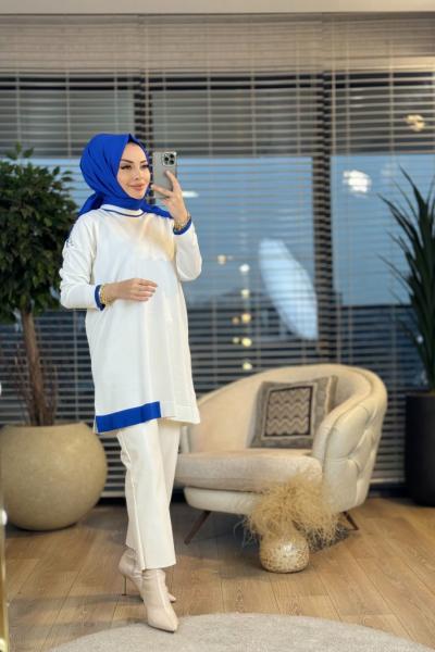 4025 Omuzları Renkli Taş İşlemeli Triko Tunik Ekru