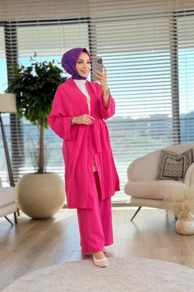 4028 Şal Yaka Uzun Kap Takım Fuşya