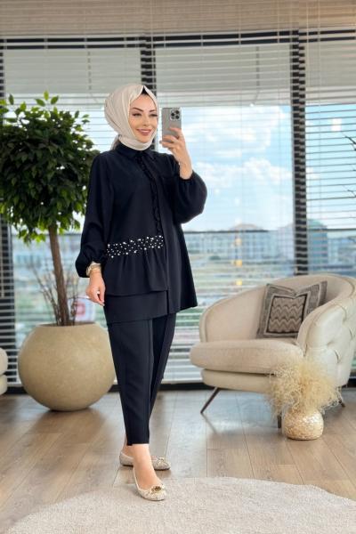 4032 Ön Fırfır Ve İnci İşli Takım Siyah