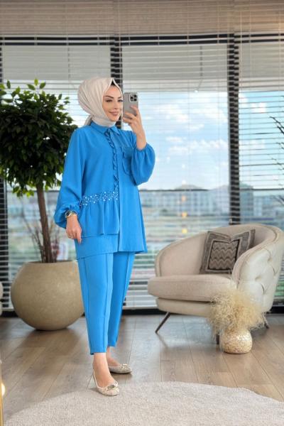 4032 Ön Fırfır Ve İnci İşli Takım Mavi