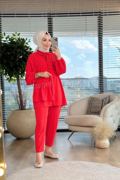 4032 Ön Fırfır Ve İnci İşli Takım Kırmızı
