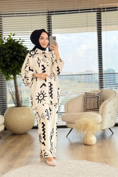 4034 Göz Ve Geometrik Desenli Takım Ekru