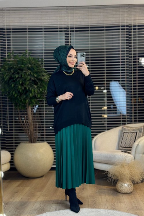 40408 Kolu Katlamalı Sıfır Yaka Triko Tunik Siyah