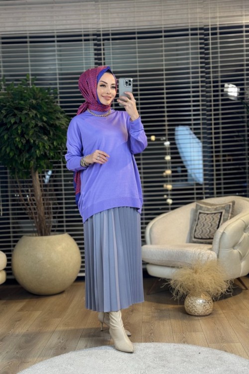 40408 Kolu Katlamalı Sıfır Yaka Triko Tunik Lila