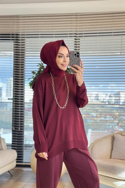 40408 Kolu Katlamalı Sıfır Yaka Tunik Bordo