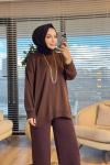 40408 Kolu Katlamalı Sıfır Yaka Tunik Kahve