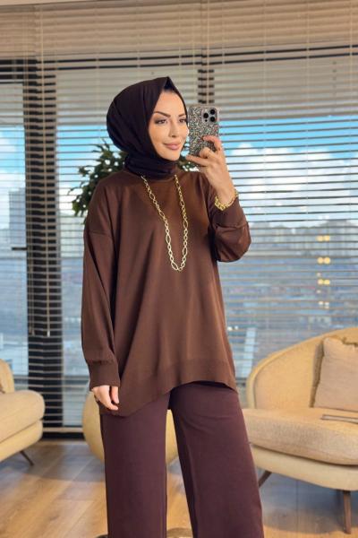 40408 Kolu Katlamalı Sıfır Yaka Tunik Kahve