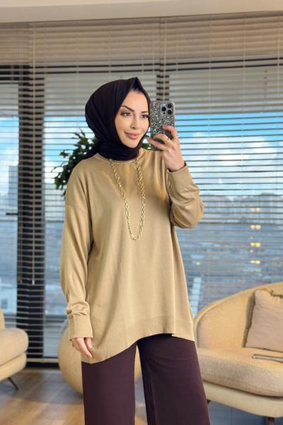 40408 Kolu Katlamalı Sıfır Yaka Tunik Ekru