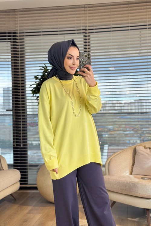 40408 Kolu Katlamalı Sıfır Yaka Tunik Sarı