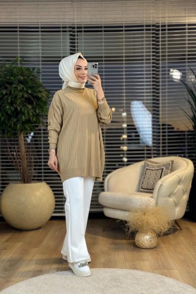 40430 Boyuna Fitilli Triko Tunik Vizon