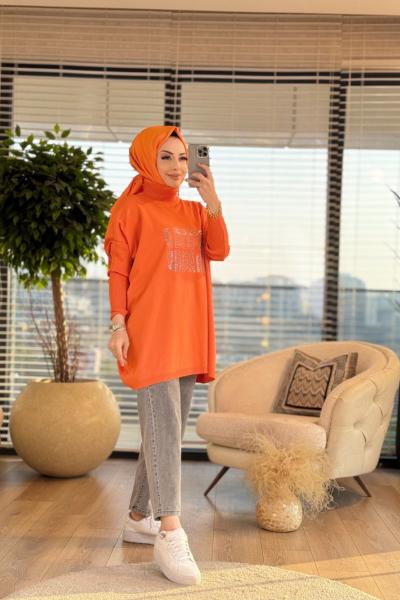 4048 Ön Taş Yazı Baskılı Triko Tunik Turuncu