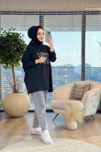 4048 Ön Taş Yazı Baskılı Triko Tunik Siyah