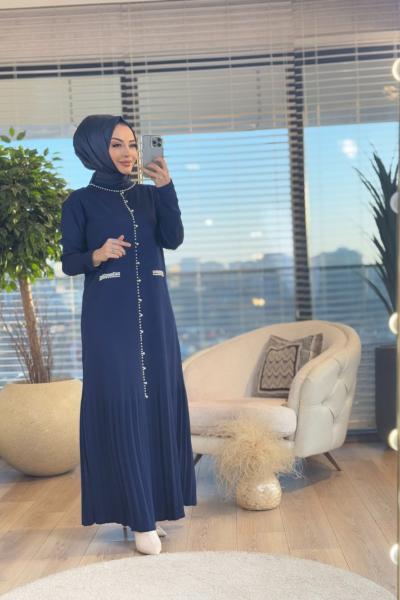 4061 Ön Yaka İnci İşli Triko Elbise Lacivert