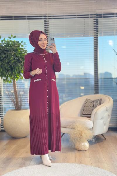 4061 Ön Yaka İnci İşli Triko Elbise Bordo