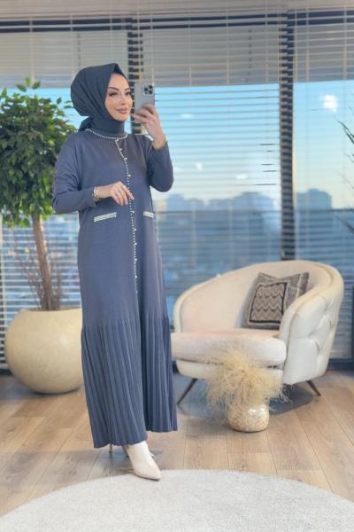 4061 Ön Yaka İnci İşli Triko Elbise Antrasit