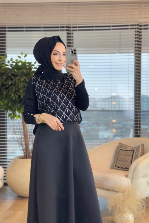 4062 Ön Taş Baskılı Triko Tunik Siyah
