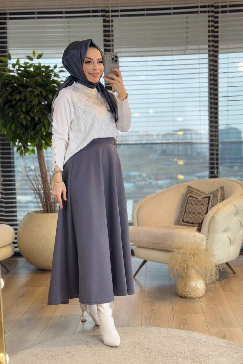 4062 Ön Taş Baskılı Triko Tunik Ekru