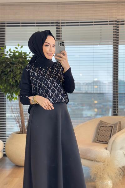 4062 Ön Taş Baskılı Triko Tunik Siyah