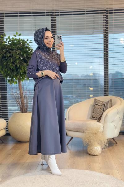 4062 Ön Taş Baskılı Triko Tunik Antrasit