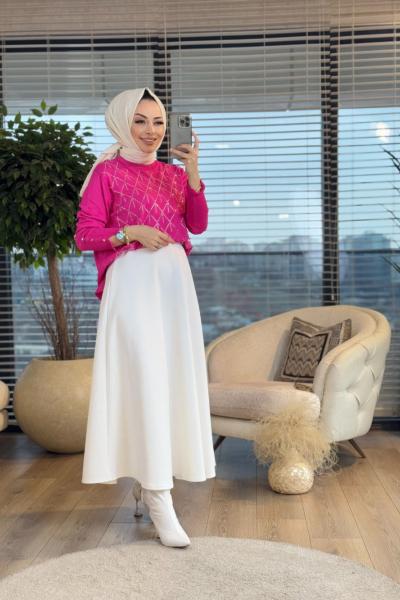 4062 Ön Taş Baskılı Triko Tunik Fuşya