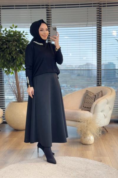 4063 Yaka Ve Kolu İncili Triko Tunik Siyah