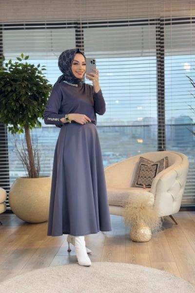 4063 Yaka Ve Kolu İncili Triko Tunik Antrasit