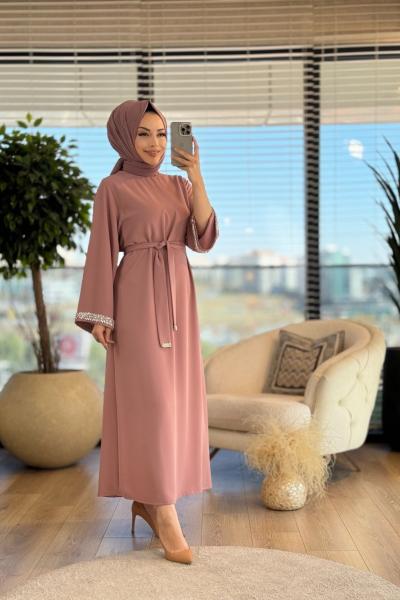 4068 Kolu Taşlı Elbise Gül