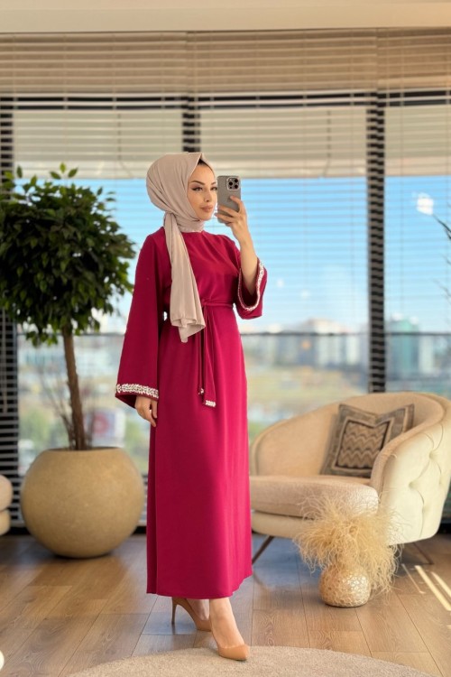4068 Kolu Taşlı Elbise Vişne