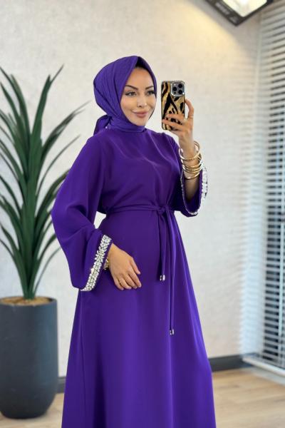 4068 Kolu Taşlı Elbise Mor