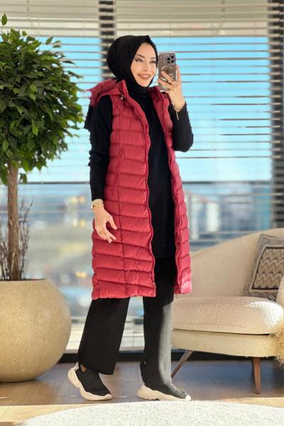 4070 Kapşonu Kürklü Şişme Yelek Bordo