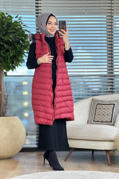 4070 Kapşonu Kürklü Şişme Yelek Bordo