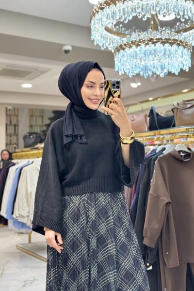 4073 Eteği Şifon Desenli Takım Siyah