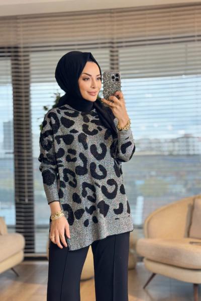 40738 Kendinden Sim Desen Triko Tunik Siyah