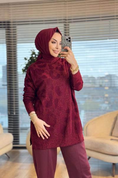 40738 Kendinden Sim Desen Triko Tunik Bordo