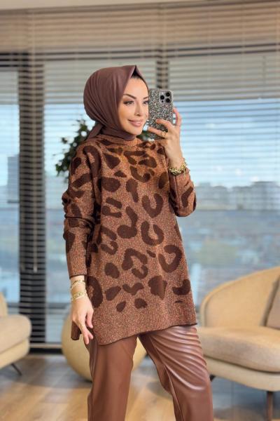 40738 Kendinden Sim Desen Triko Tunik Kahve