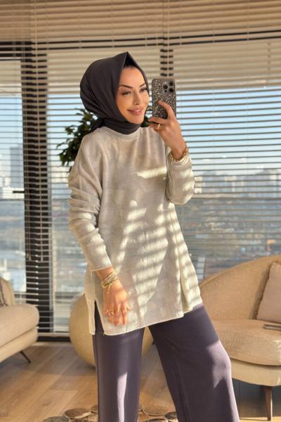 40738 Kendinden Sim Desen Triko Tunik Ekru