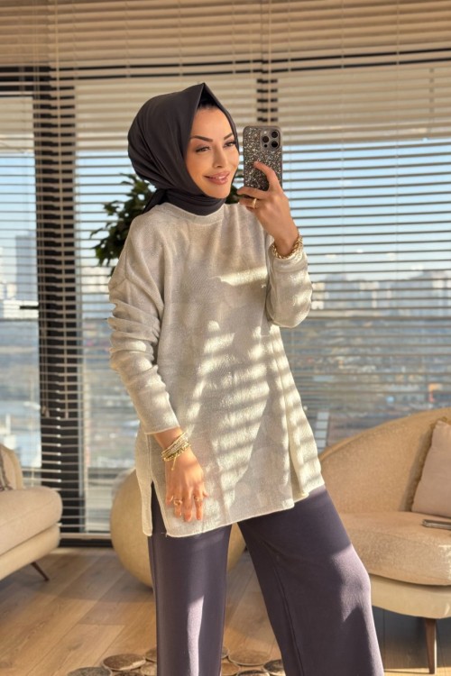 40738 Kendinden Sim Desen Triko Tunik Ekru