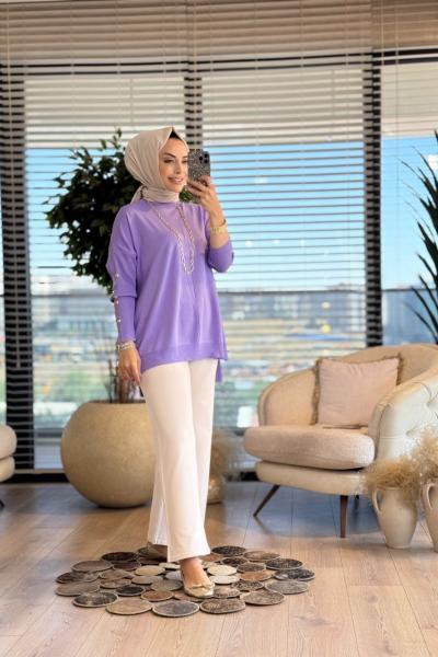 40741 Kolu Gold Düğmeli Triko Tunik Lila